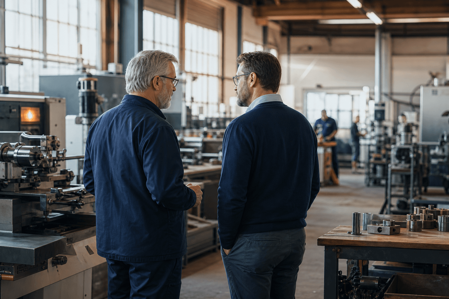 A business owner and advisor reviewing an active manufacturing operation